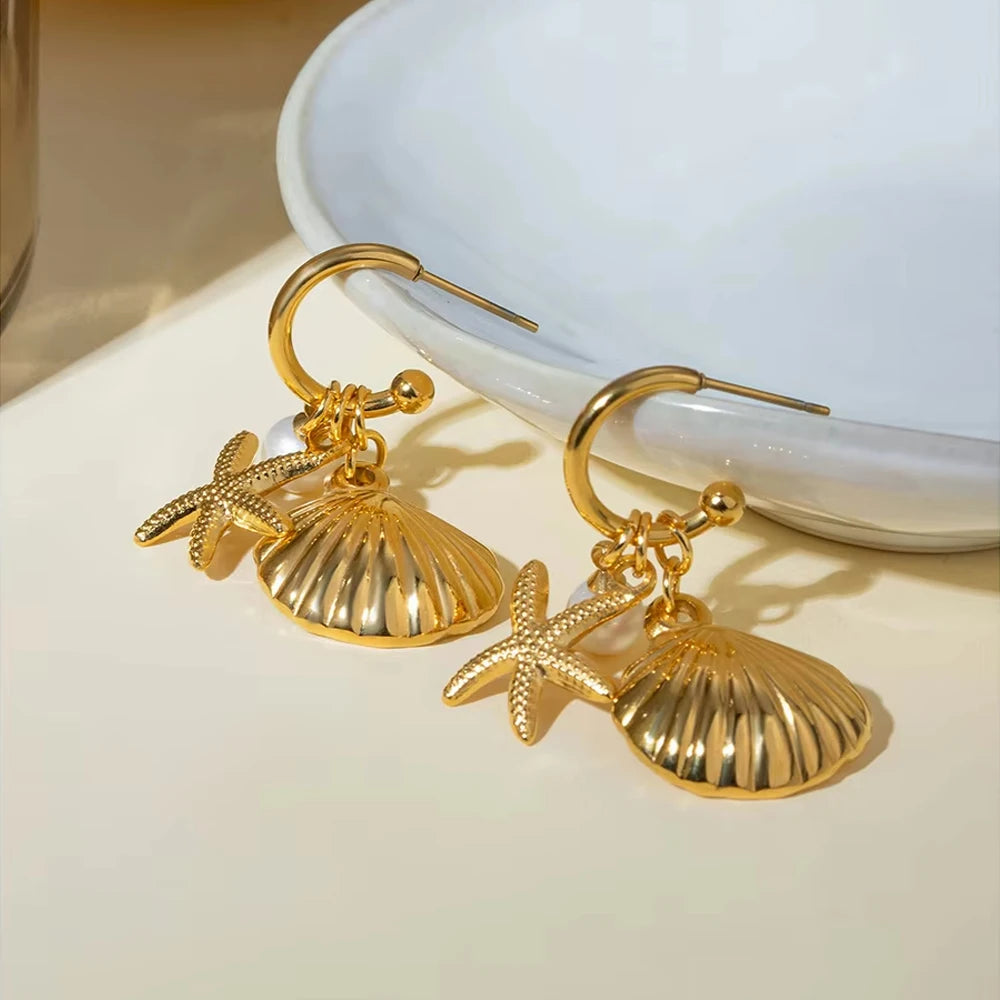 2025 Summer Gold Color Stainless Steel Shell Starfish Crab Drop Earrings For Women Beach Ocean Hoop Drop Stud