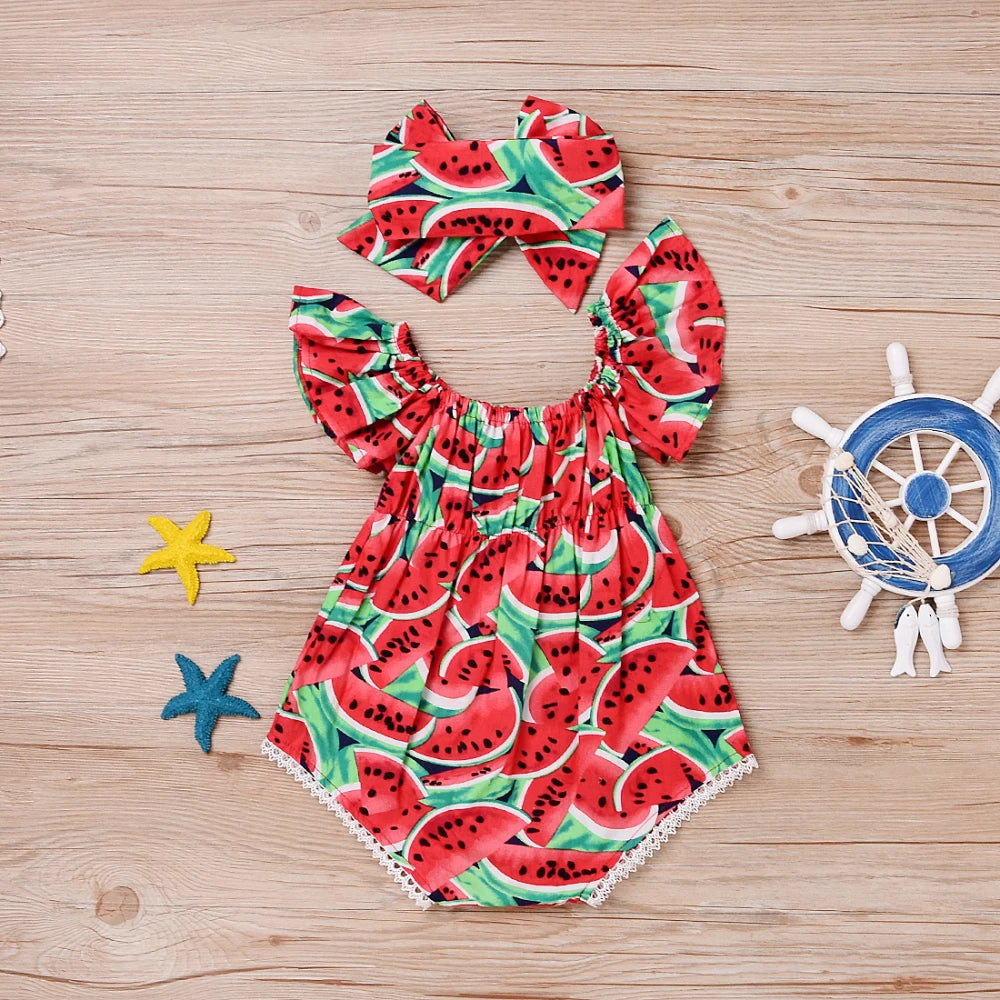 0-36months Newborn Girl Bodysuit Hairband Set Short Sleeve Watermelon Print Playsuits For Baby Girls Summer One_piece Rompers