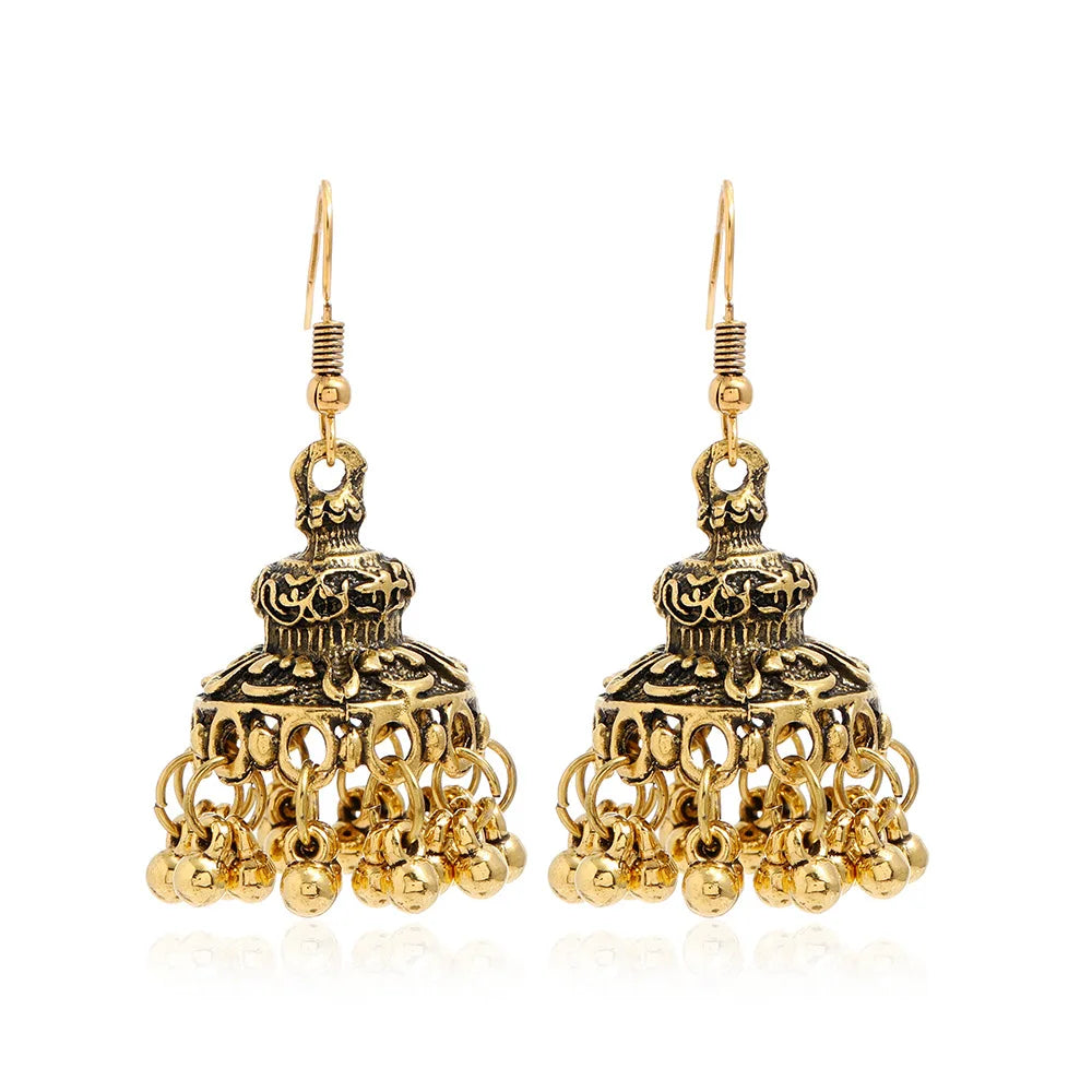 New Fashion Ethnic Style Alloy Retro Carved Beads Tassels Earrings Indian Jhumka Jewelry Women Daily Accessories