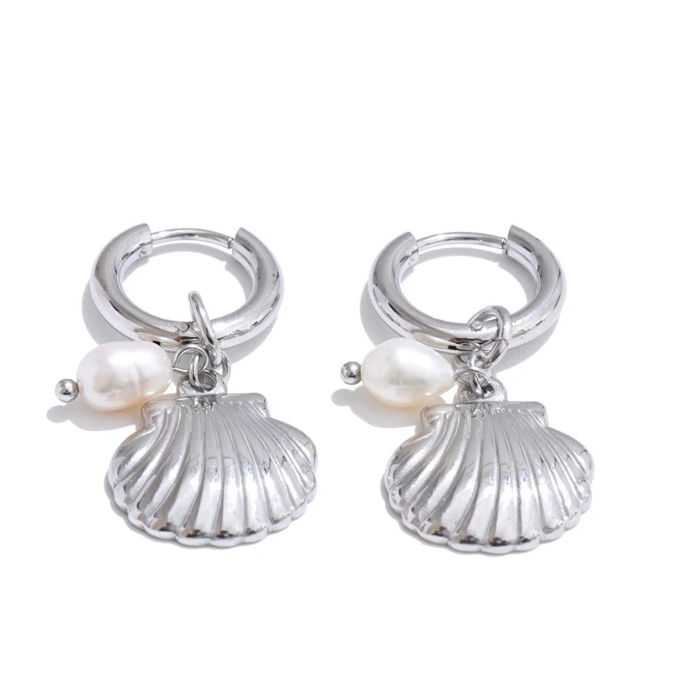 Yhpup Ocean Style Natural Pearl Conch Shell Starfish Drop Summer Hoop Earrings for Women Stainless Steel Holiday Daily Jewelry