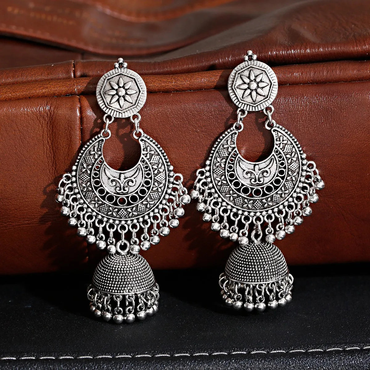 Retro Ethnic Silver Color Turkish Jhumka Earrings For Women Pendientes Pearl Tassel Classic Carved Indian Earrings Jewelry