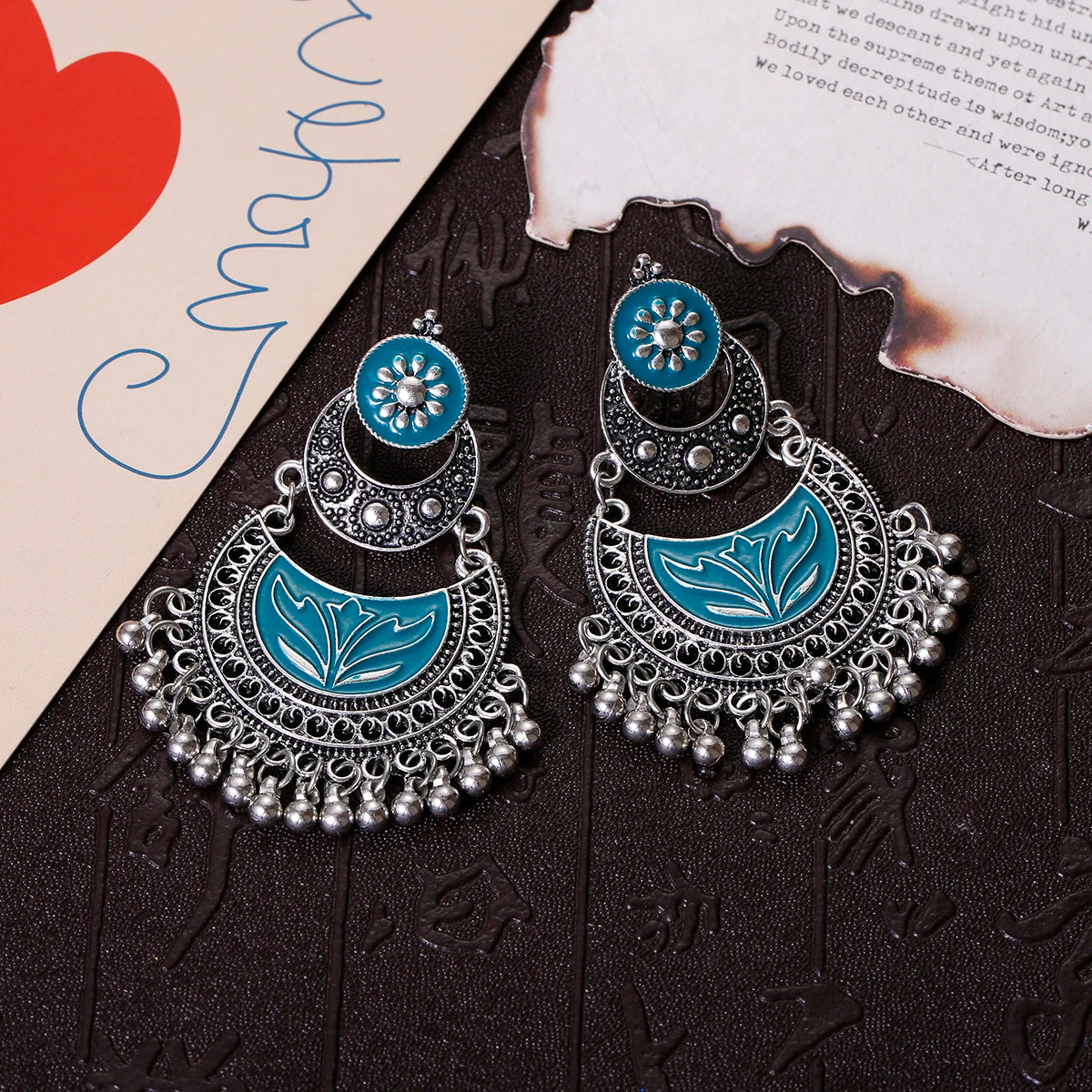 Retro Ethnic Silver Color Turkish Jhumka Earrings For Women Pendientes Pearl Tassel Classic Carved Indian Earrings Jewelry