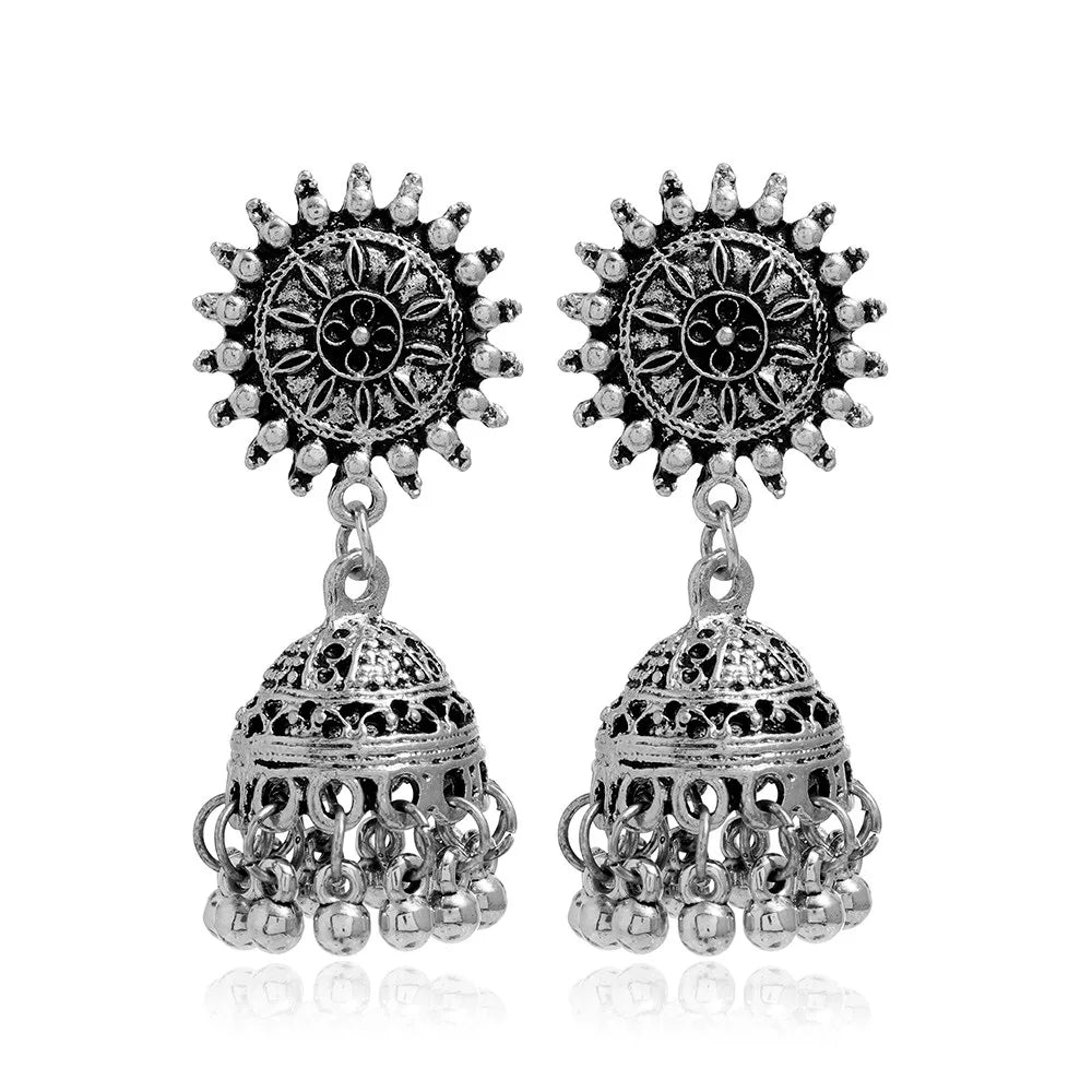 New Fashion Ethnic Style Alloy Retro Carved Beads Tassels Earrings Indian Jhumka Jewelry Women Daily Accessories