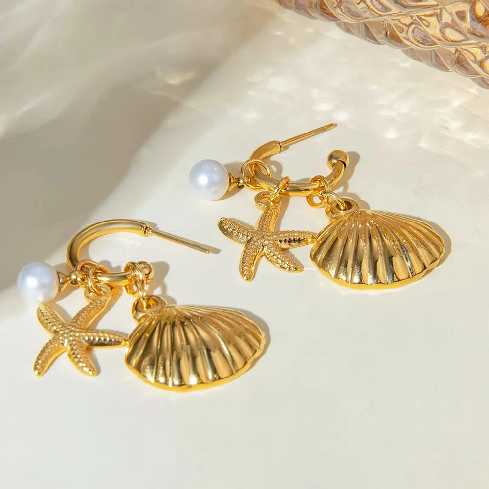2025 Summer Gold Color Stainless Steel Shell Starfish Crab Drop Earrings For Women Beach Ocean Hoop Drop Stud