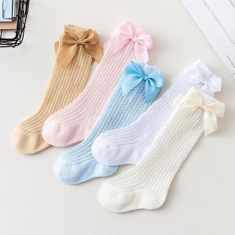 Summer Ultra-thin Mesh Socks Baby Girl Mosquito Resistant Knee Sock Cute Newborn Pink Bow Hollow Cotton Baby Clothes New Born