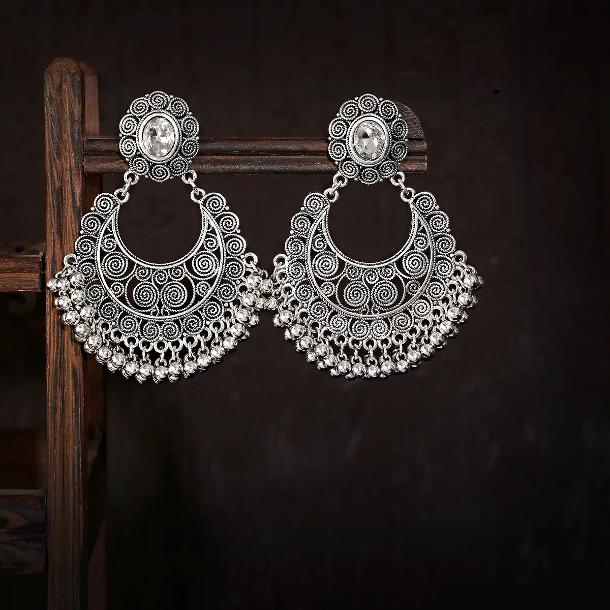 Retro Ethnic Silver Color Turkish Jhumka Earrings For Women Pendientes Pearl Tassel Classic Carved Indian Earrings Jewelry