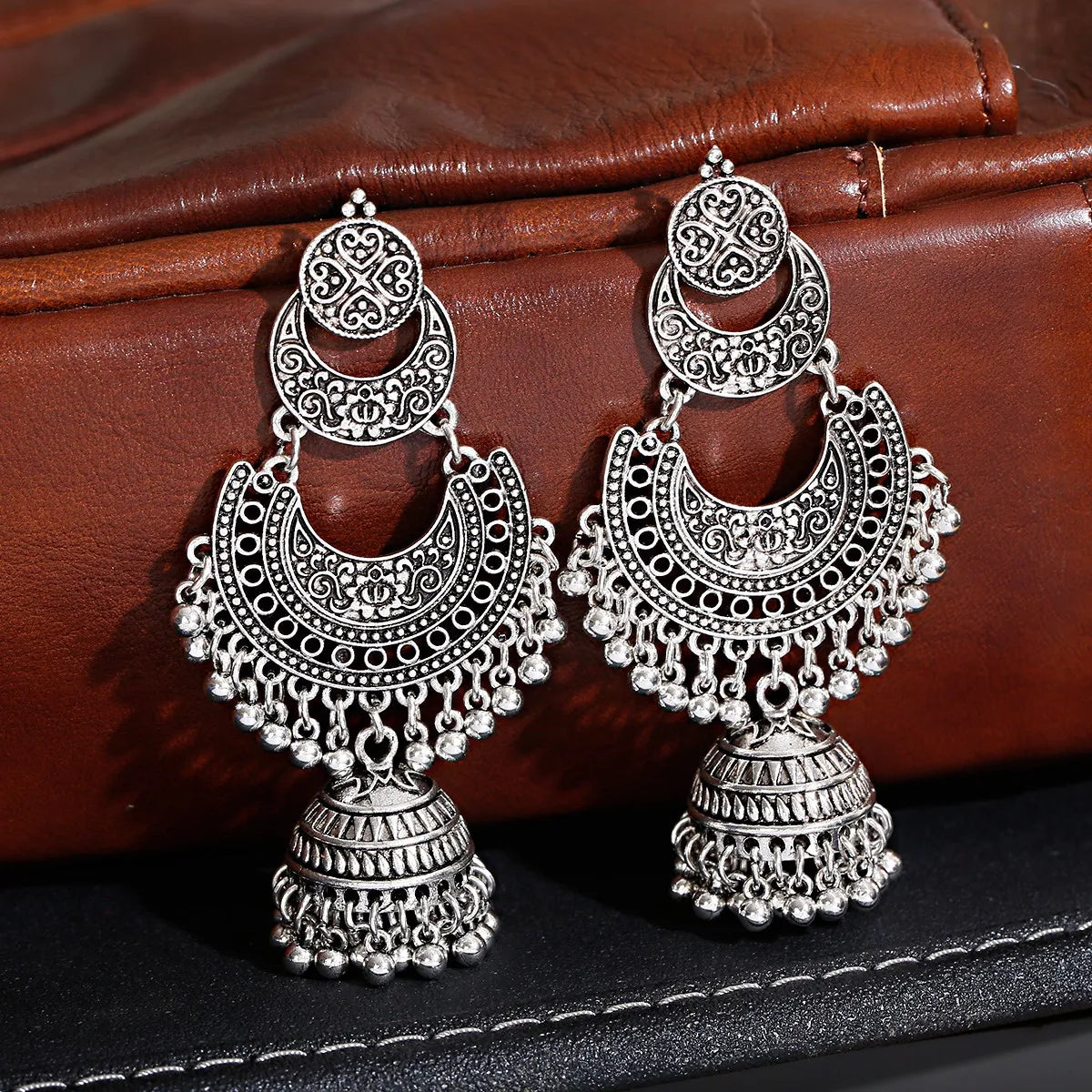 Retro Ethnic Silver Color Turkish Jhumka Earrings For Women Pendientes Pearl Tassel Classic Carved Indian Earrings Jewelry
