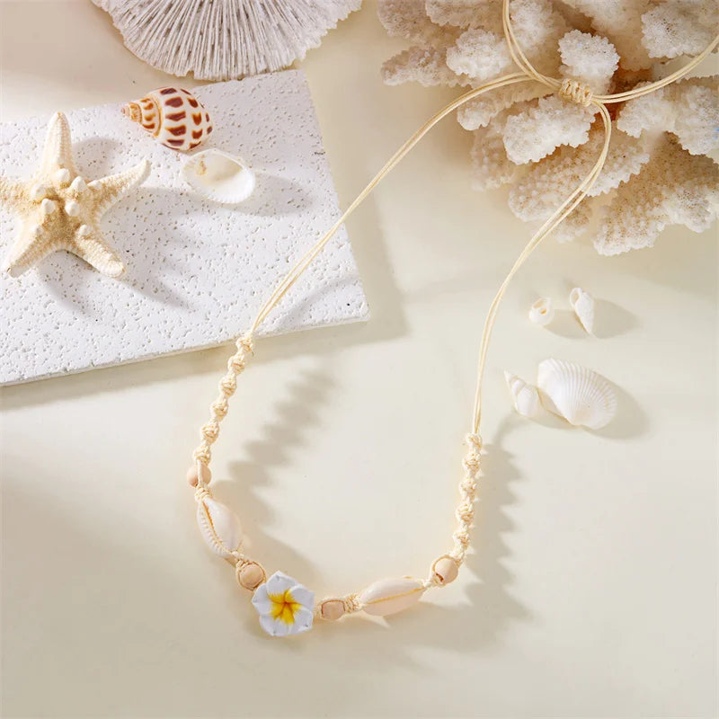 Bohemia Sea Shell Choker Necklace For Women Fashion Summer Sweet Flower Pendant Hand-woven Rope Neck Chain Jewelry Accessory