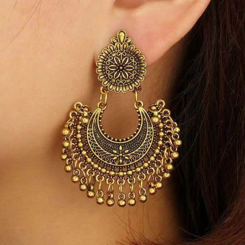 Indian Jhumka Earrings Jewelry Ethnic Retro Antique Silver Color Alloy Carved Beads Tassel Earrings For Women Daily Accessories