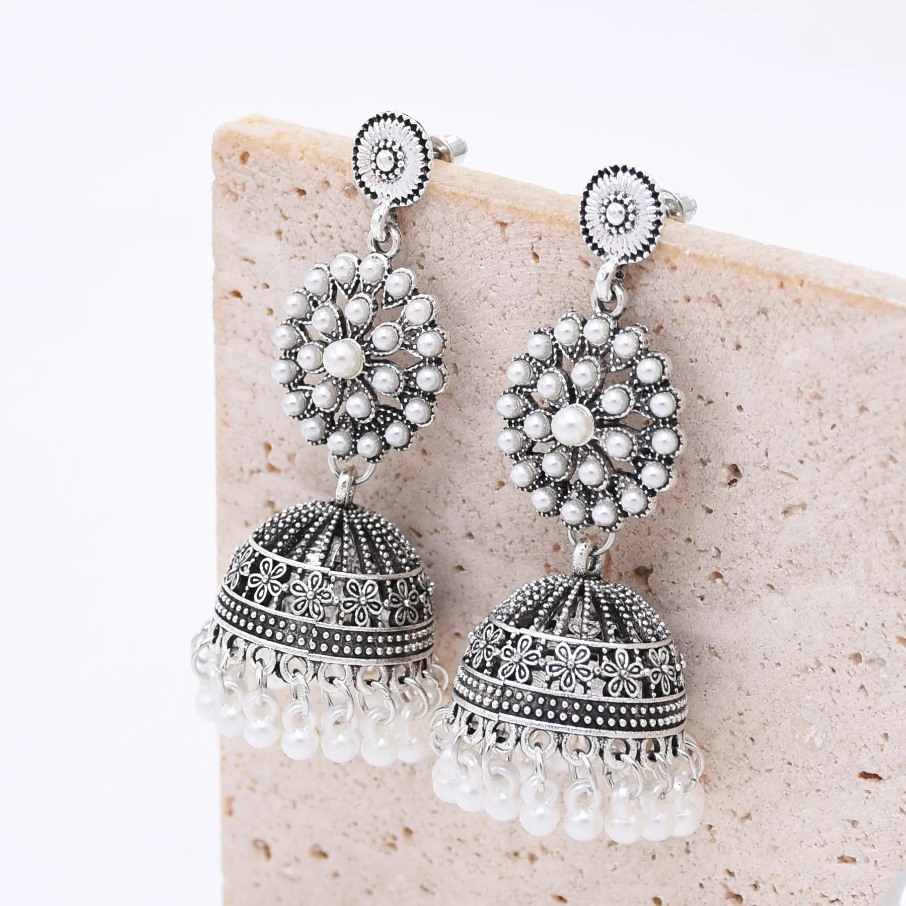 Traditional Indian Jhumka Earrings for Women Vintage Golden Silvery Bell Peacock Pearl Beads Pendant Earrings Turkish Jewelry