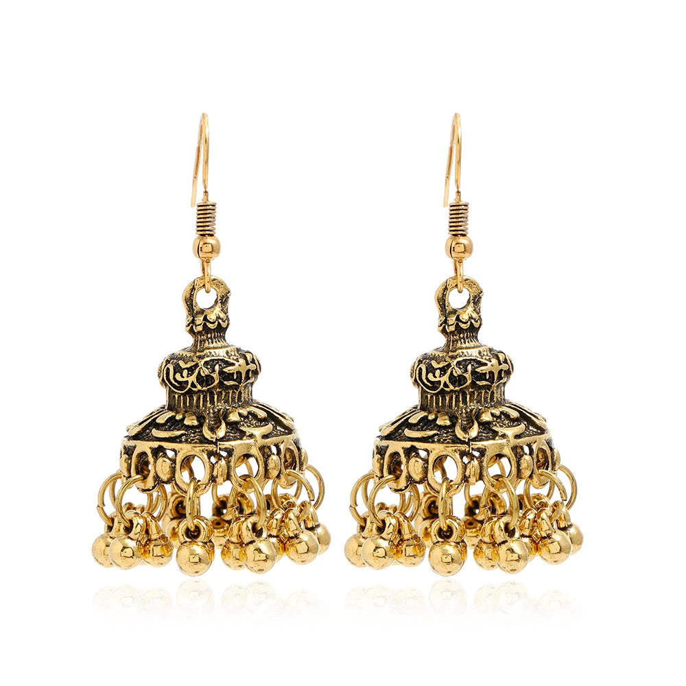 Indian Ethnic Style Boho Vintage Antique Alloy Carved Bell Tassels Drop Earrings Jhumki Jewelry For Women Party Accessories