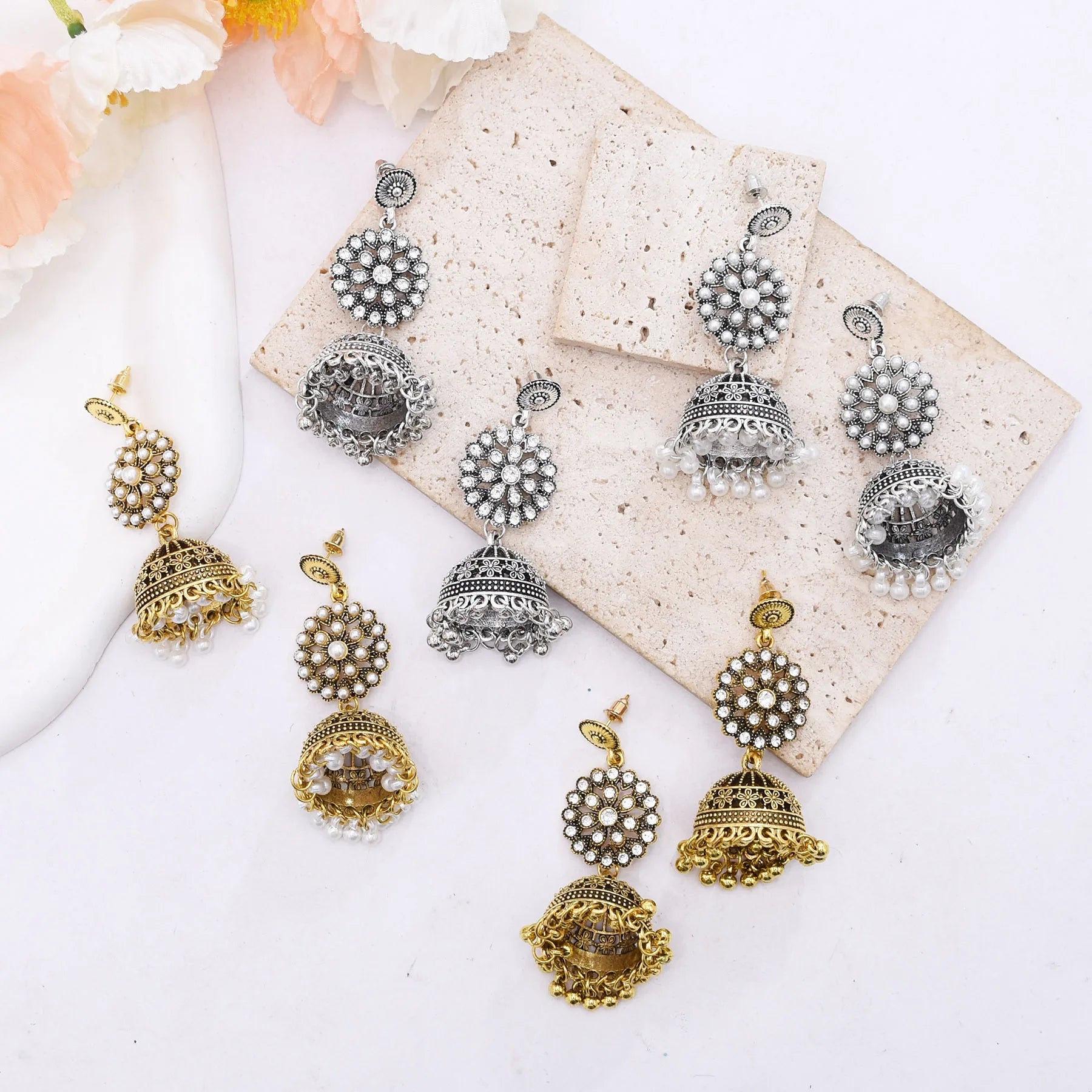 Traditional Indian Jhumka Earrings for Women Vintage Golden Silvery Bell Peacock Pearl Beads Pendant Earrings Turkish Jewelry