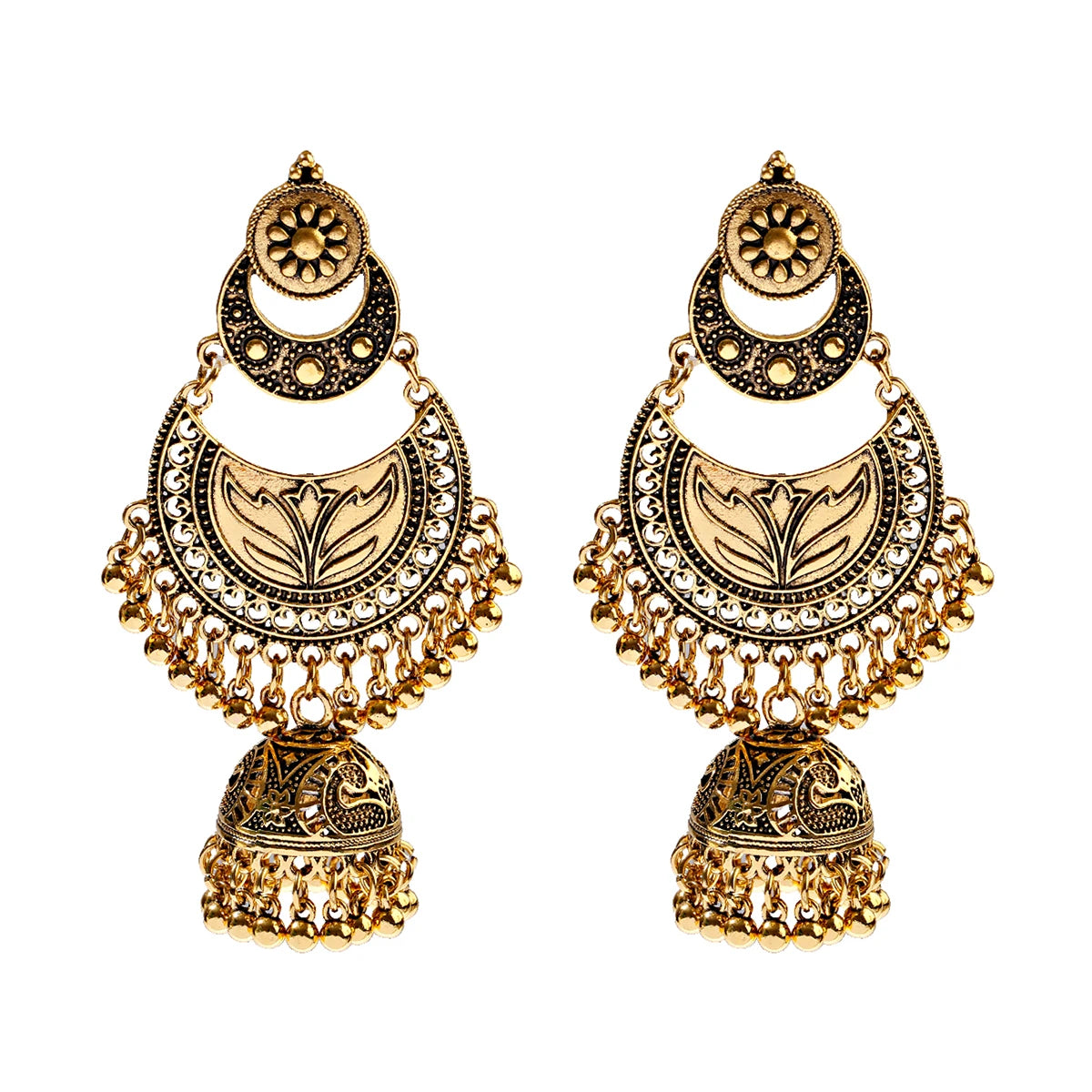 Ethnic Retro Geometric Turkish Jhumka Earrings For Women Indian Jewelry Flower Gold Color Bell Tassel Dangling Earrings