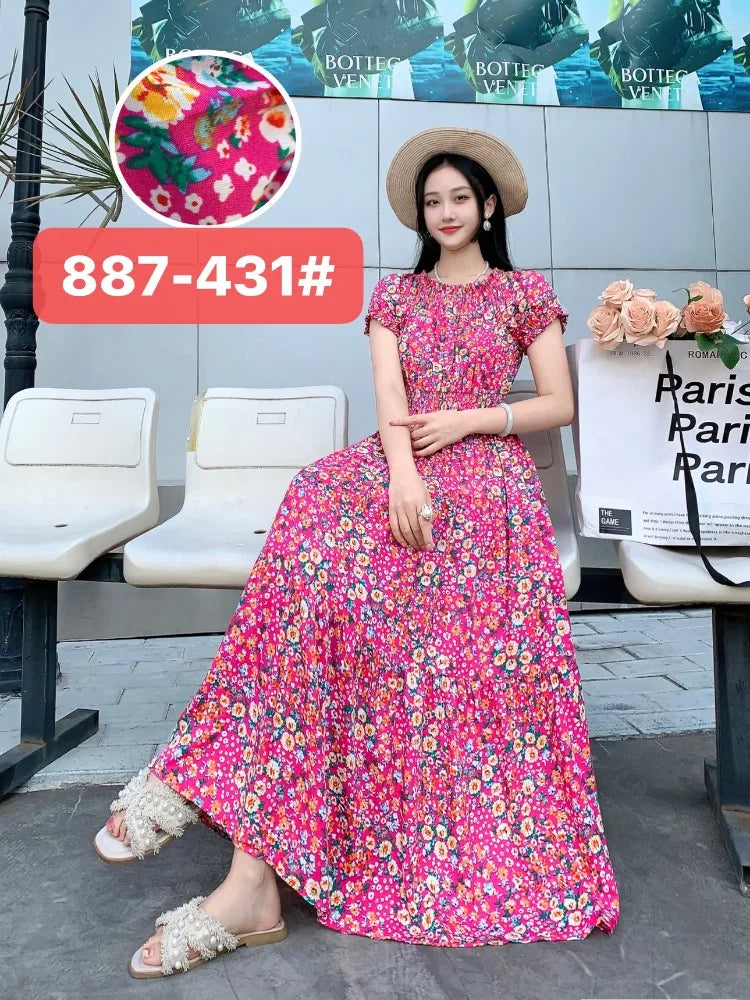 THHONE Vestidos Robe Maxi Long Dress Women Summer Indian Clothes Bohemian Cotton Linen Floral Short Sleeve Korean Style Casual