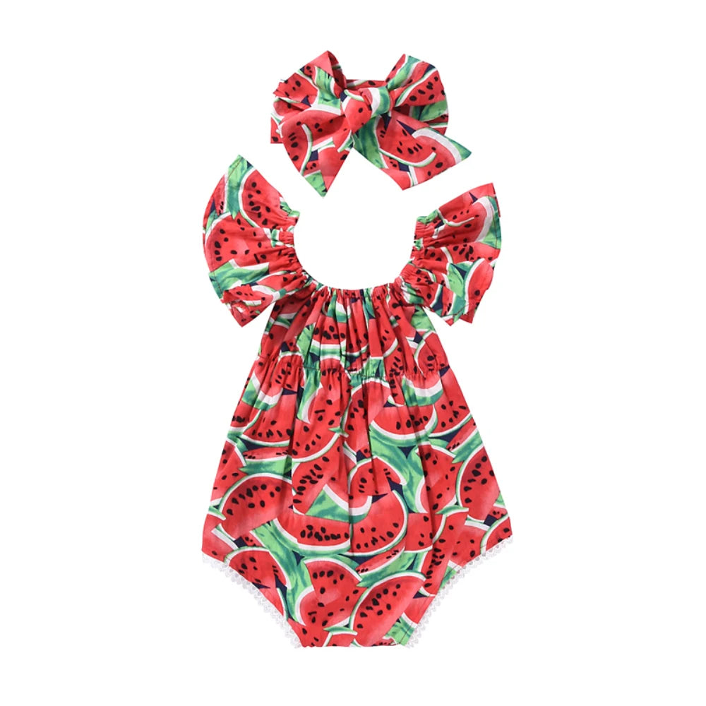 0-36months Newborn Girl Bodysuit Hairband Set Short Sleeve Watermelon Print Playsuits For Baby Girls Summer One_piece Rompers