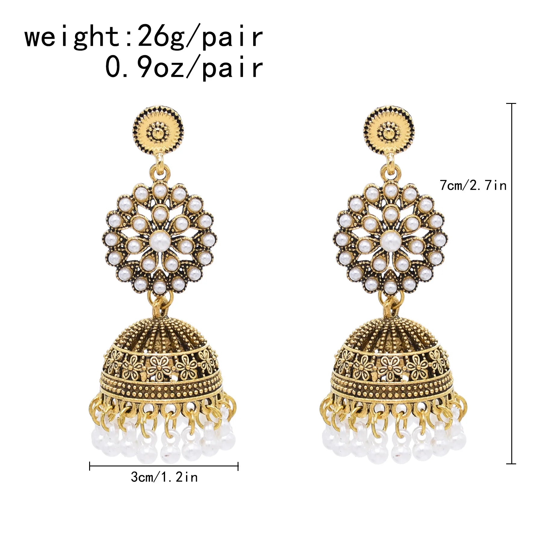 Traditional Indian Jhumka Earrings for Women Vintage Golden Silvery Bell Peacock Pearl Beads Pendant Earrings Turkish Jewelry