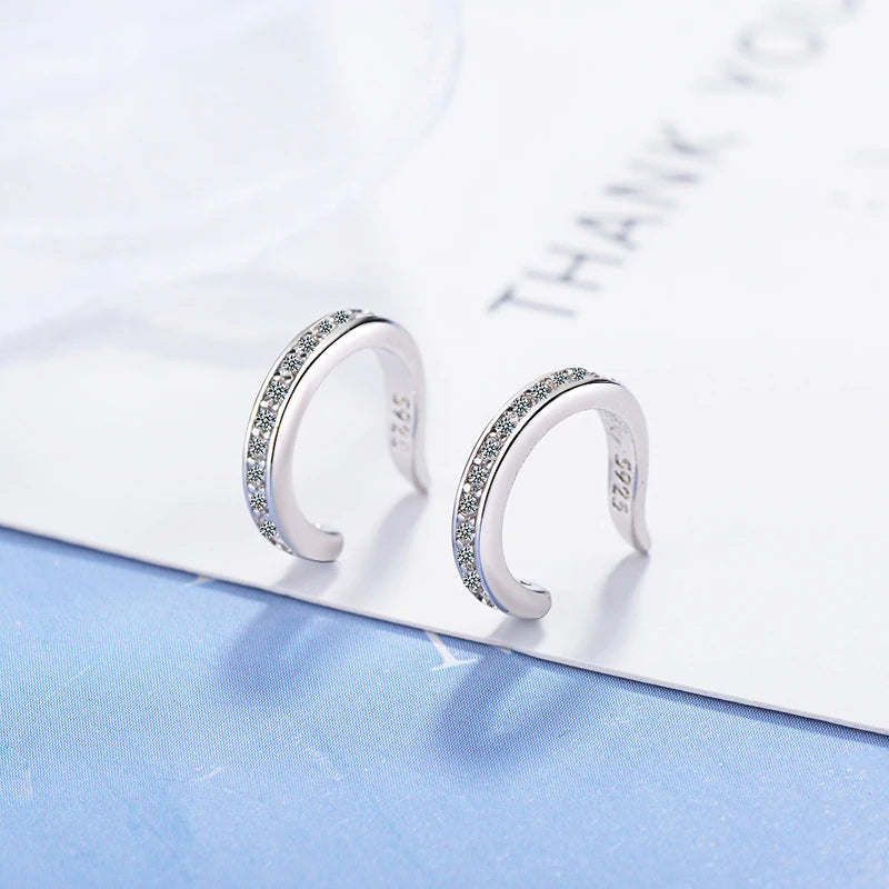 New Fashion Fine Zircon 925 Sterling Silver C Type Clip Earrings Punk Rock Unisexual Rhinestone No Hole Ear Clip Earring Jewelry