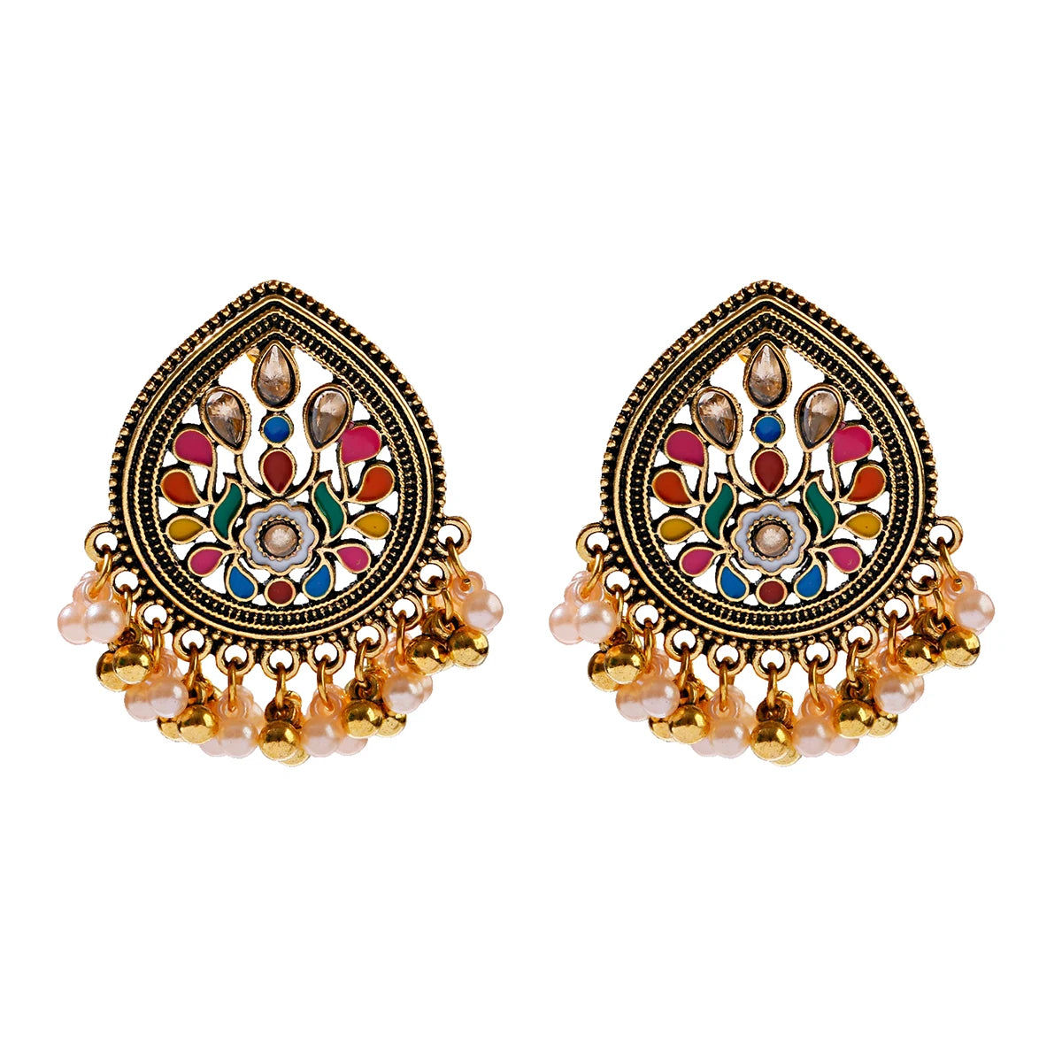 Ethnic Retro Geometric Turkish Jhumka Earrings For Women Indian Jewelry Flower Gold Color Bell Tassel Dangling Earrings