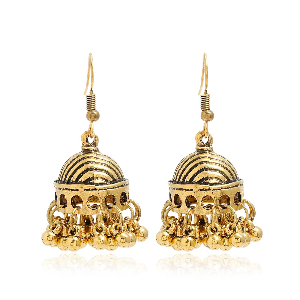 Indian Ethnic Style Boho Vintage Antique Alloy Carved Bell Tassels Drop Earrings Jhumki Jewelry For Women Party Accessories