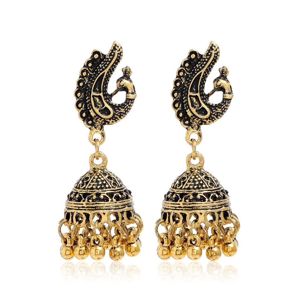 Indian Ethnic Style Boho Vintage Antique Alloy Carved Bell Tassels Drop Earrings Jhumki Jewelry For Women Party Accessories