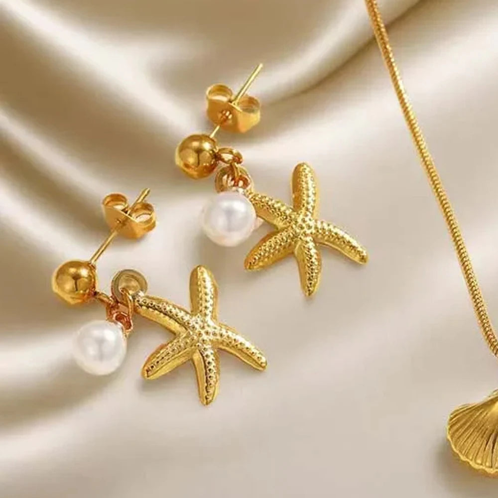 2025 Summer Gold Color Stainless Steel Shell Starfish Crab Drop Earrings For Women Beach Ocean Hoop Drop Stud
