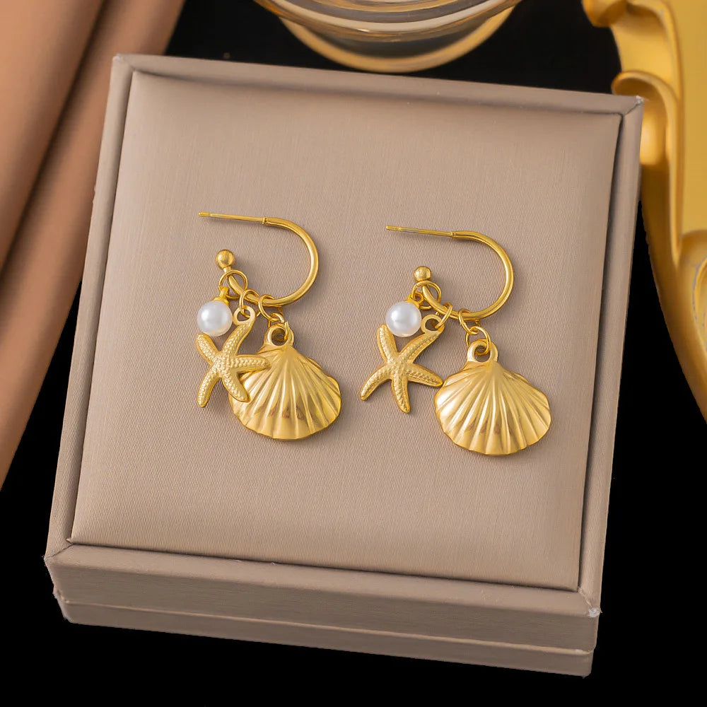 2025 Summer Gold Color Stainless Steel Shell Starfish Crab Drop Earrings For Women Beach Ocean Hoop Drop Stud