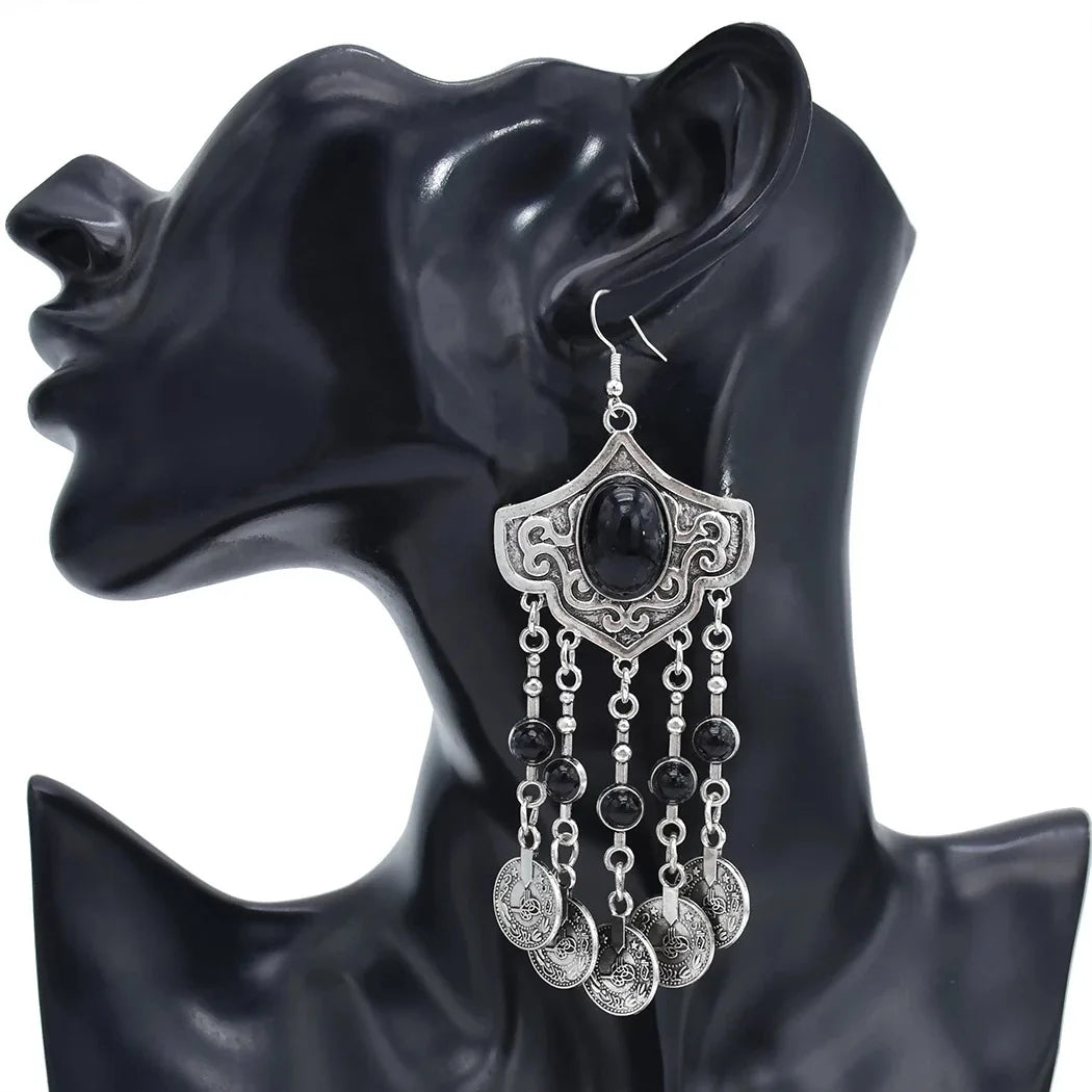 Boho Ethnic Long Coins Tassel Drop Earrings For Women Colorful Turquoise Geometric Carving Fashion Jewelry India Cypay Accessory