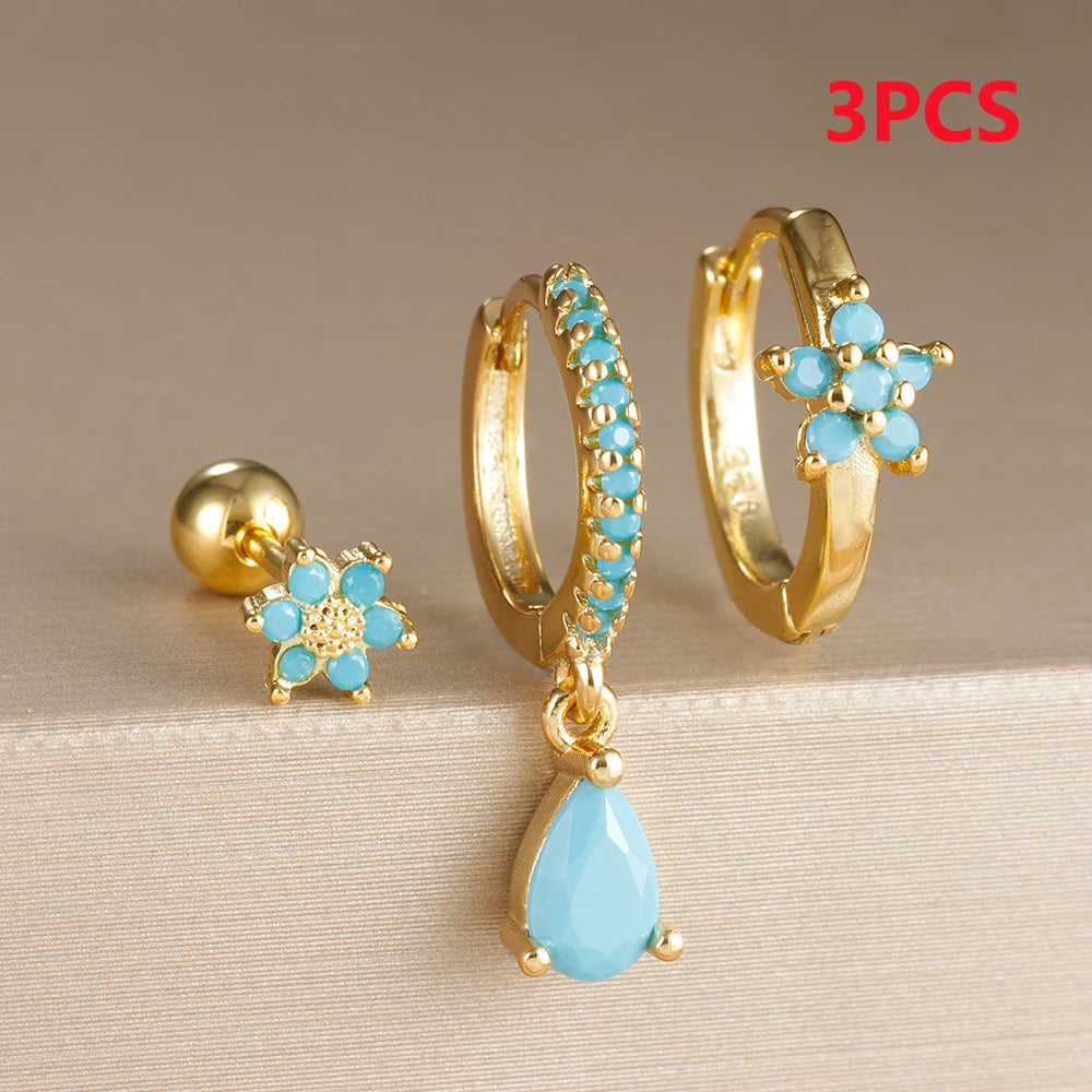 3PCS Fruit Butterfly Earrings Set for Women Girl Luxury Zircon Stainless Steel Cartilage Piercing Hoop Earring Statement Jewelry