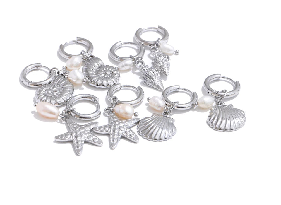 Yhpup Ocean Style Natural Pearl Conch Shell Starfish Drop Summer Hoop Earrings for Women Stainless Steel Holiday Daily Jewelry