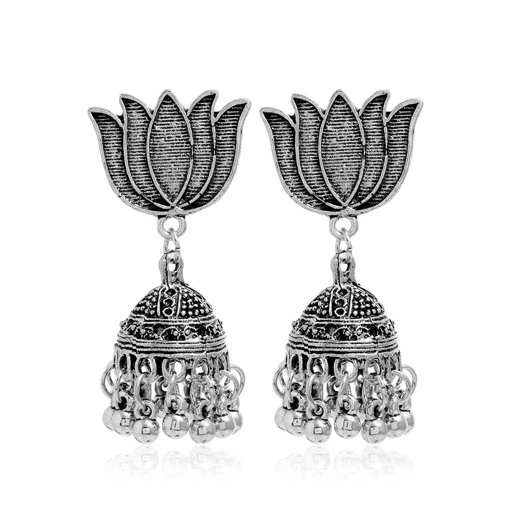 New Fashion Ethnic Style Alloy Retro Carved Beads Tassels Earrings Indian Jhumka Jewelry Women Daily Accessories