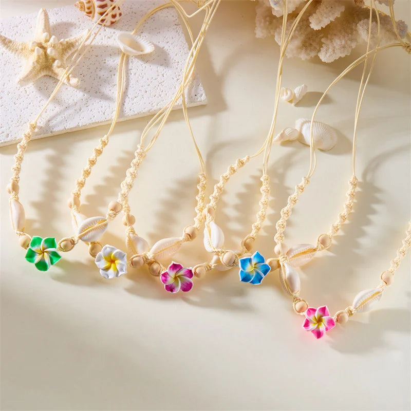 Bohemia Sea Shell Choker Necklace For Women Fashion Summer Sweet Flower Pendant Hand-woven Rope Neck Chain Jewelry Accessory
