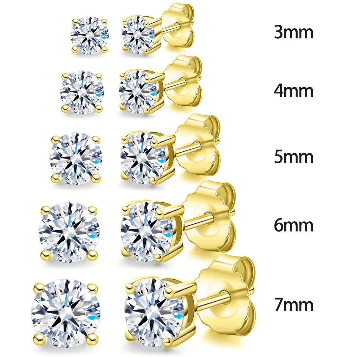 Real 925 Sterling Silver 3mm 4mm 5mm 6mm 7mm Ins CZ Zircon Stud Earrings for Women 18k Gold Plated Fine Jewelry Gift for Girls