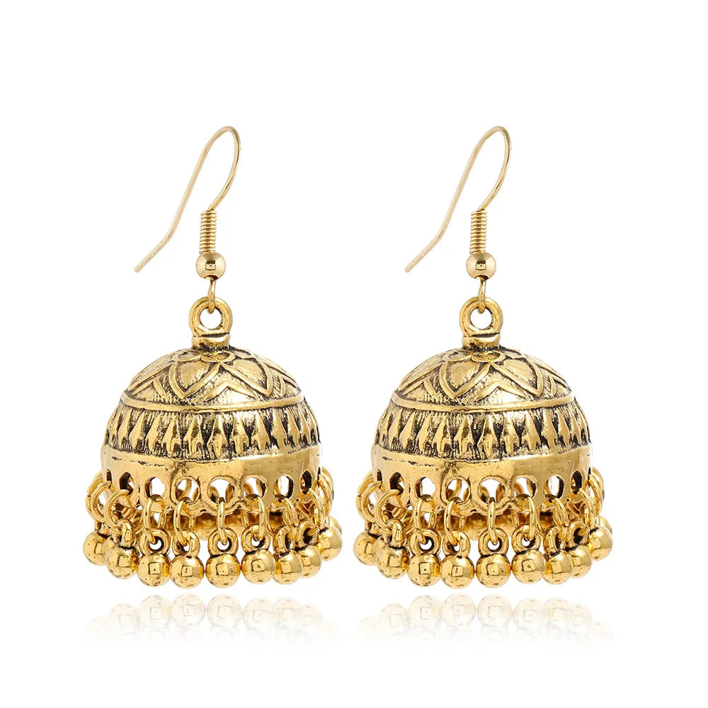 New Fashion Ethnic Style Alloy Retro Carved Beads Tassels Earrings Indian Jhumka Jewelry Women Daily Accessories
