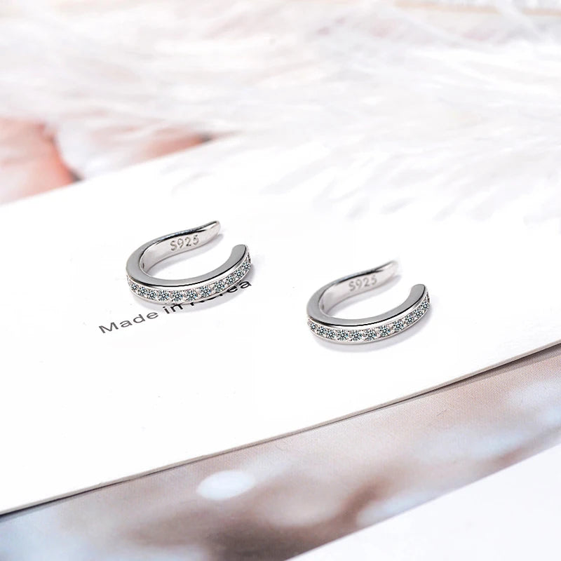 New Fashion Fine Zircon 925 Sterling Silver C Type Clip Earrings Punk Rock Unisexual Rhinestone No Hole Ear Clip Earring Jewelry