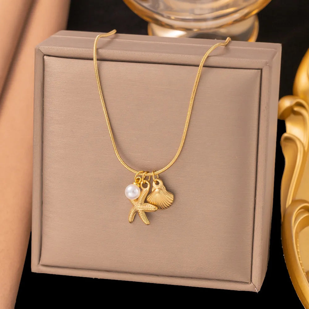 2025 Summer Gold Color Stainless Steel Shell Starfish Crab Drop Earrings For Women Beach Ocean Hoop Drop Stud