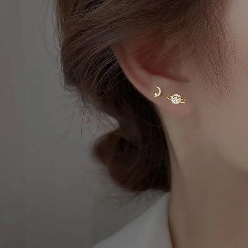 Simple Piercing Stud Earrings for Women Star Moon Zircon 925 Silver Needles Tragus Cartilage Asymmetry Pendiente Plata Jewelry