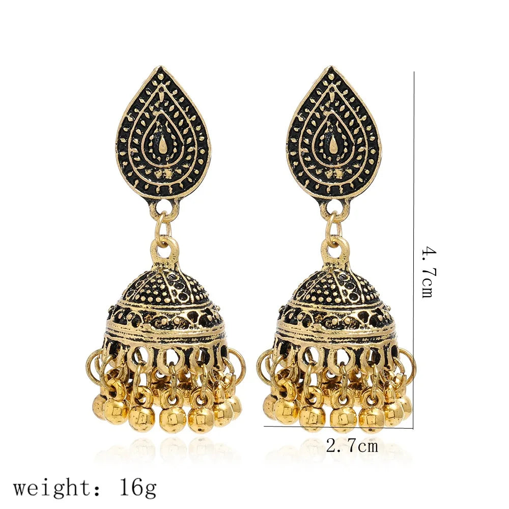 New Fashion Ethnic Style Alloy Retro Carved Beads Tassels Earrings Indian Jhumka Jewelry Women Daily Accessories