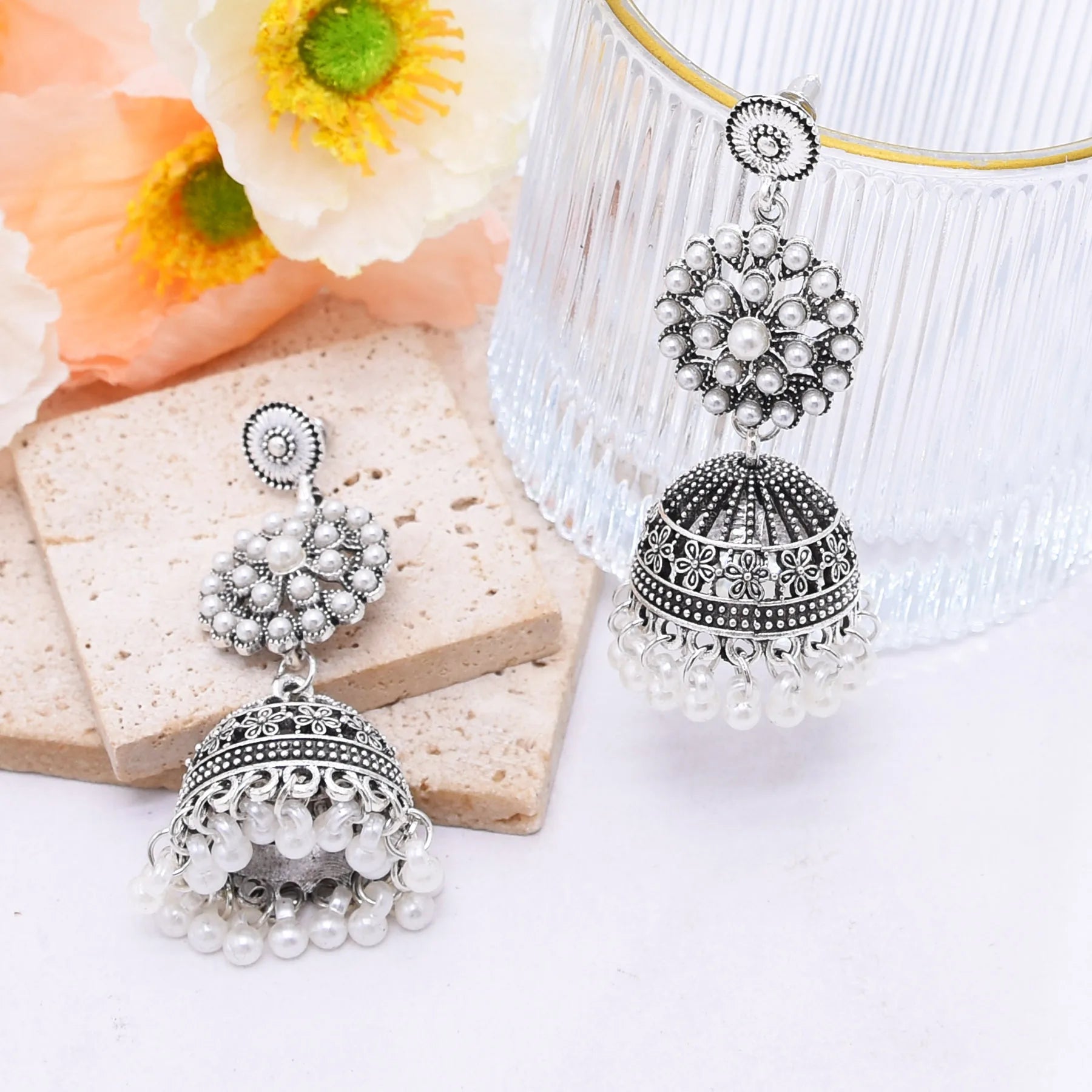 Traditional Indian Jhumka Earrings for Women Vintage Golden Silvery Bell Peacock Pearl Beads Pendant Earrings Turkish Jewelry