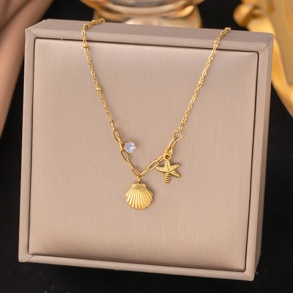 2025 Summer Gold Color Stainless Steel Shell Starfish Crab Drop Earrings For Women Beach Ocean Hoop Drop Stud