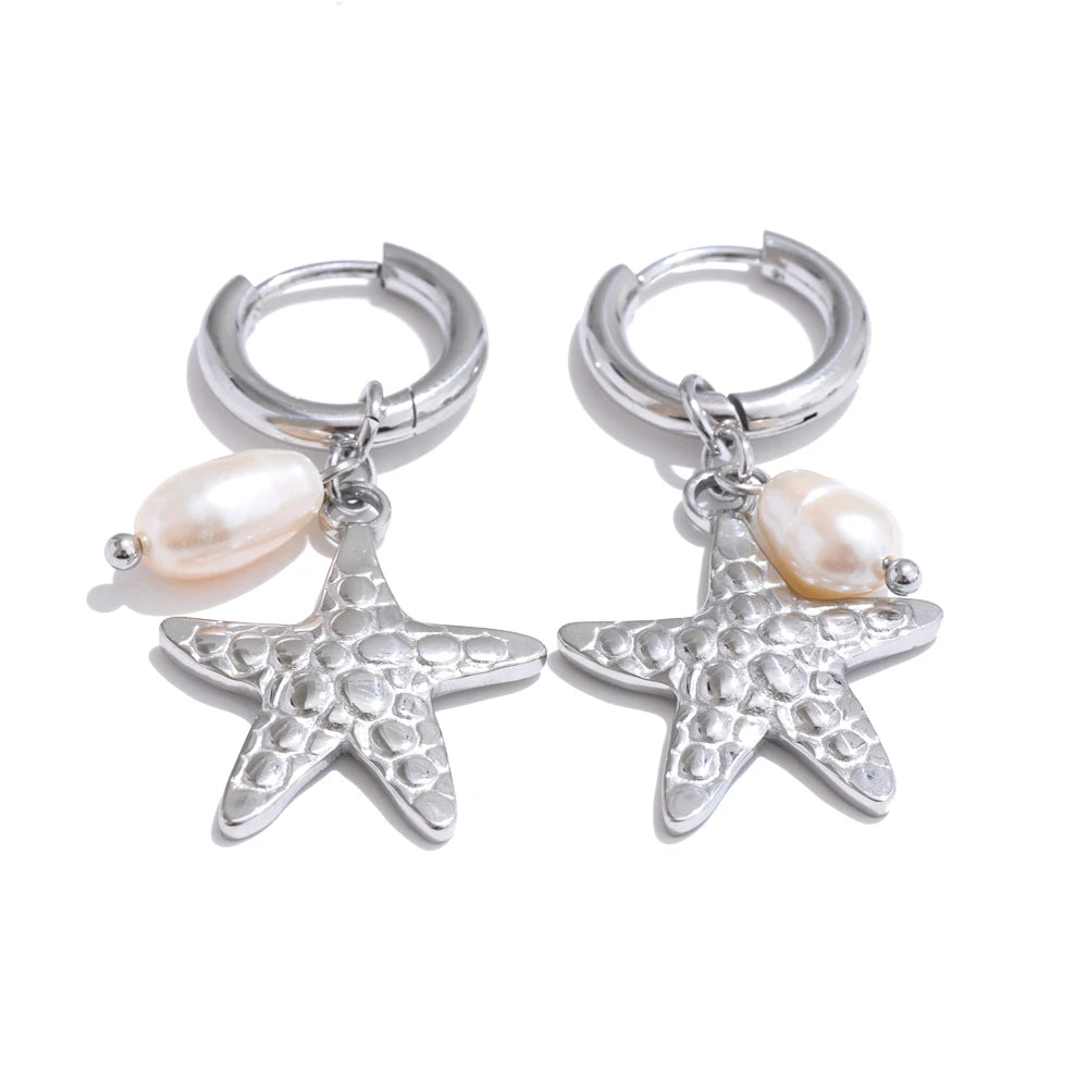Yhpup Ocean Style Natural Pearl Conch Shell Starfish Drop Summer Hoop Earrings for Women Stainless Steel Holiday Daily Jewelry