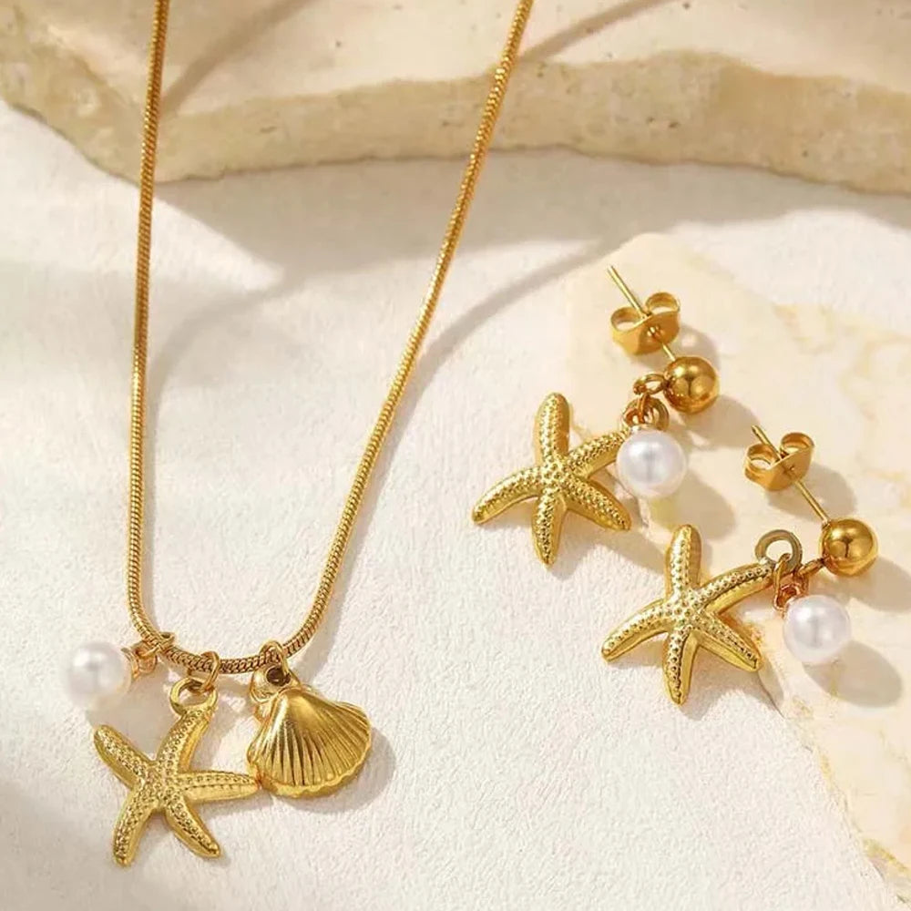 2025 Summer Gold Color Stainless Steel Shell Starfish Crab Drop Earrings For Women Beach Ocean Hoop Drop Stud