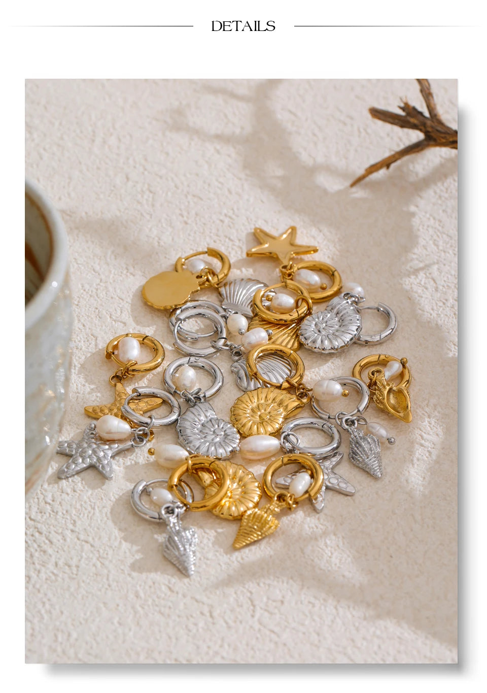 Yhpup Ocean Style Natural Pearl Conch Shell Starfish Drop Summer Hoop Earrings for Women Stainless Steel Holiday Daily Jewelry