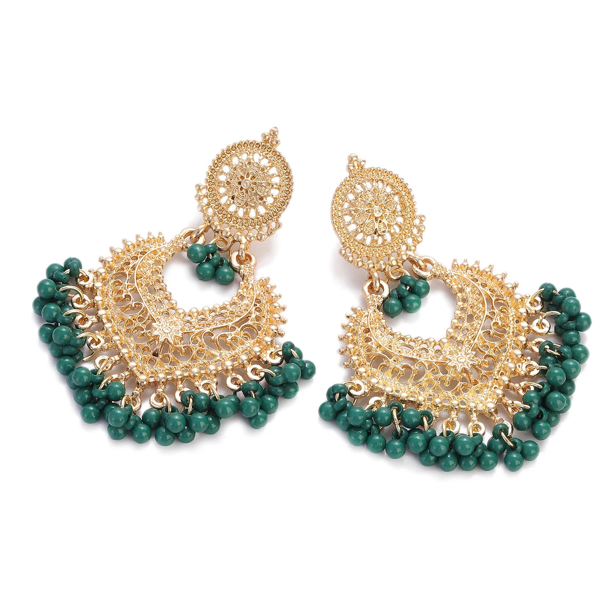 Boho Gold Color Heart Shape Carved Flower Dangle Earrings for Women Indian Jhumka Earrings Retro Pink Beads Tassel Jewelry 2023