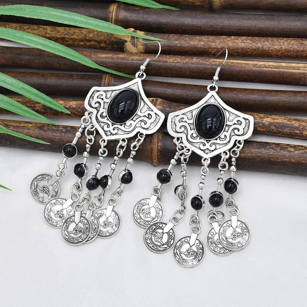 Boho Ethnic Long Coins Tassel Drop Earrings For Women Colorful Turquoise Geometric Carving Fashion Jewelry India Cypay Accessory