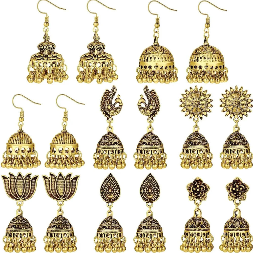 Indian Ethnic Style Boho Vintage Antique Alloy Carved Bell Tassels Drop Earrings Jhumki Jewelry For Women Party Accessories