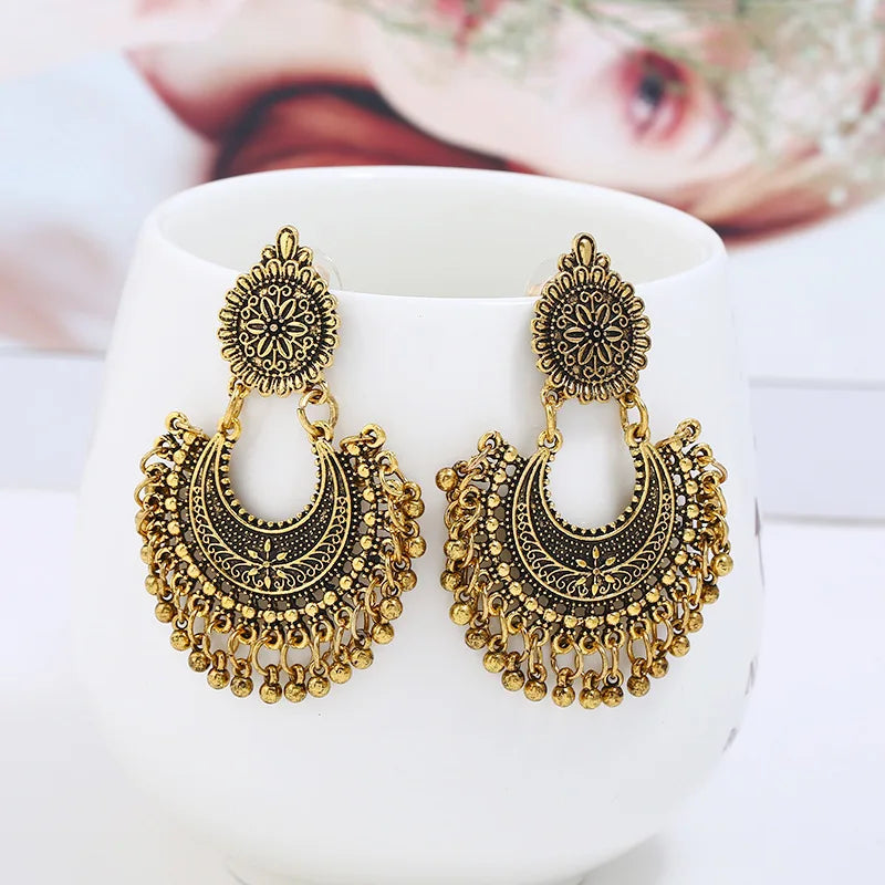 Indian Jhumka Earrings Jewelry Ethnic Retro Antique Silver Color Alloy Carved Beads Tassel Earrings For Women Daily Accessories