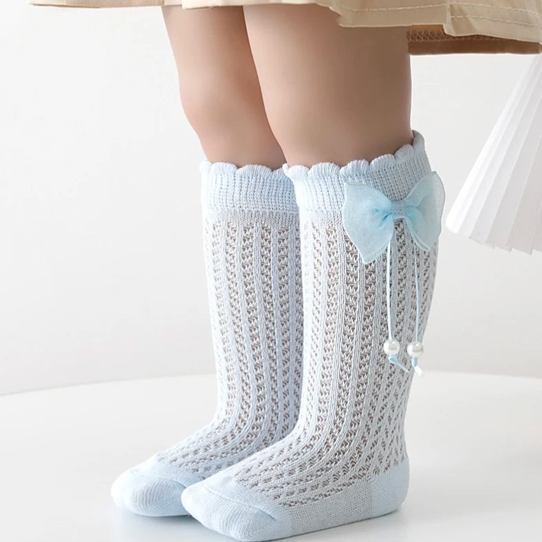 Summer Ultra-thin Mesh Socks Baby Girl Mosquito Resistant Knee Sock Cute Newborn Pink Bow Hollow Cotton Baby Clothes New Born