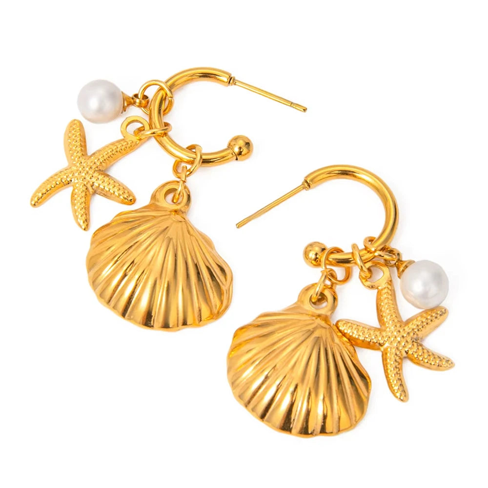 2025 Summer Gold Color Stainless Steel Shell Starfish Crab Drop Earrings For Women Beach Ocean Hoop Drop Stud