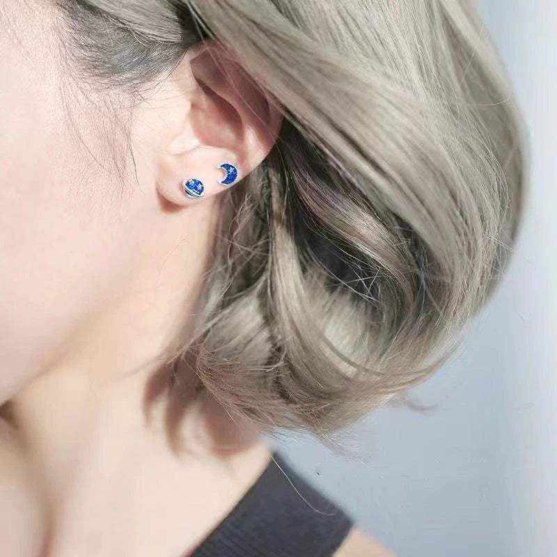 Simple Piercing Stud Earrings for Women Star Moon Zircon 925 Silver Needles Tragus Cartilage Asymmetry Pendiente Plata Jewelry