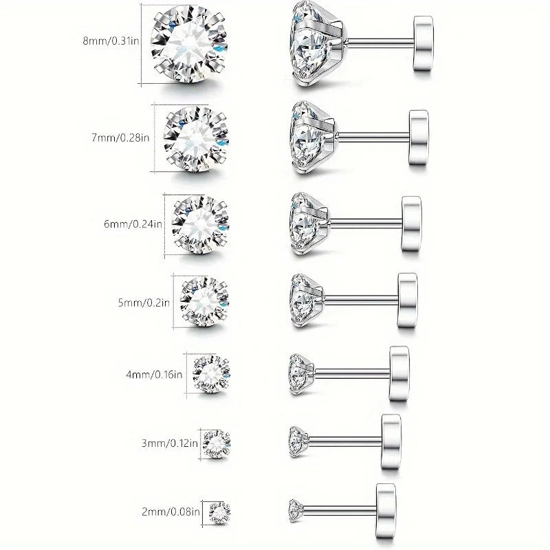 7pcs/Set Stainless Steel Crystal Flat Studs Women Men Bar Screw Back Tragus Round Clear Cubic Zirconia Piercing Earrings Jewelry